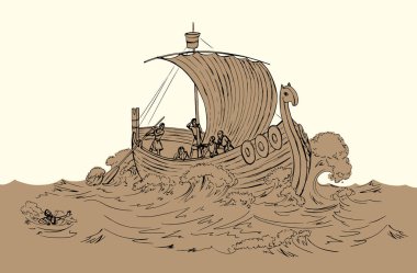 Past bible war century age wood norse travel norway pirate swim warship galley oar row mast rig wind cloth trade deck white river sky Black line hand drawn retro biblic story cartoon art vector sketch
