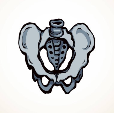 Önden beyaz, yaşlı, hasta, iliak gövde, kasık, bacak, uyluk ağrısı tedavisi, röntgen ışını yaralanması logosu. Elle çizilmiş siyah tıbbi röntgen omurga ağrısı çizimi çizim çizimi çizimi