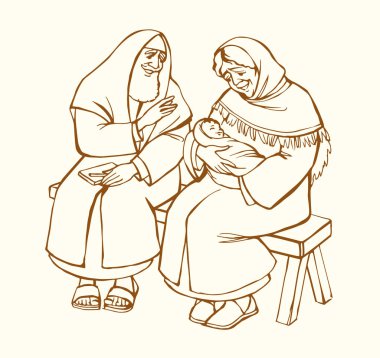 Doğu Yahudi kutsal anne, kollarına yaslan, kucakla, yeni doğmuş küçük çocuğa sarıl, John vaftizci anne huzur içinde gülümse, dua et. Elle çizilmiş Yahudi rahip doğumu. Neşelen. İnanç mucizesi. Müslüman kalem sanat eskizi.