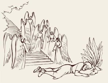 Genç yaşta sakin bir Yahudi yüzü var. Hafif kanatlı, yüksek taşlı bir bitkiye benziyor. Yaşlı Retro East hasta, yorgun, uykulu Yahudi İsa uykulu, dinlenmiş, stres duası konsepti çizim işareti.