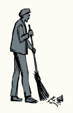 Erkek çocuk sopasını tutuyor. Evi temizliyor. Beyaz gökyüzü mesaj alanını temizliyor. Siyah mürekkep kalem kağıdı çizilmiş. Temizlikçi kız silinmiş. Toprak tozu logosu simgesi.