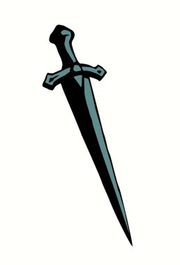 Büyük, kısa, klasik dekoratif, geçmişteki altın gotik dirk aracı beyaz metin alanını kapatın. Kapalı çizgili siyah çizgili el ağır Cutlass kalkan logosu amblemi karalama ana hatları contor oyma sanat tarzı