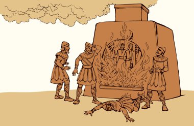 Doğu Suriye yasalarına göre 3 yaş grubu kollarını bağladı. Yahudi erkek kurban ocağın dumanına dayanmak için dua ediyor. Çizgideki kalem el, geriye doğru çizilmiş. Yazar İranlı Arap. Panik atak, korku, ölüm.