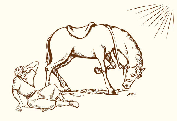 Jew human guy way attack seat ride mare pet protect arm hide eye cry pray ask Lord. East rural phobia stress shock panic ground ill sick pain hurt see danger vision retro hand drawn sketch faith art