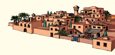 Geçmişe dönük Yahudi İncili taş şehir kapısı kırsal Ksar yolu doğa ağacı manzaralı. El çizimi sanat Suudi Arabistan tarzı İran açık hava Yahudi beyazı hatta gökyüzü İslami Irak sokak seyahat sembolü