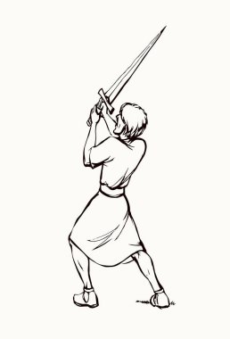 Yunan gücü Yahudi erkek kahraman öfke beyaz gökyüzü görüşünü izole eder. Kara El güçlü İncil 'i çekti. İnsan demir hançerini geçti. Öfkeli orta yaşlı İsrail zafer hikâyesi İncil' deki sanat eskizi sembolünü kazandı.