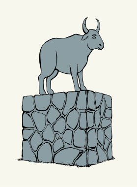 Orta Doğu 'da büyük bir taş Mısır' da altın sarısı Yahudi efsanesi beyaz kral ritüel boynuzu çiftliği erkek sığır ağası tapınağı simgesi el çizimi doğa tarlası tepesi parkı eskizi kutsal Musa hukuku sanatı grafik tarzı