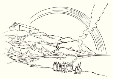 Kutsal insan ailesi erkek çocuğu, taş okyanusu, kuru kayalık tepe tarlası, beyaz gökyüzü, duman bulutu manzarası. El çizimi sanat eskizi. Çizgi film işareti. Hayat kurtarır.