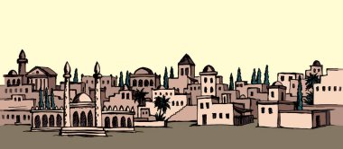 Oryantal kehanet çağı hindisi. Irak İran çöl vahası. Palmiye ağacı manzaralı taş kule beyaz gökyüzü. Mürekkep el çizimi Jordan Medina 'nın Yahudi-Yahudi sanat çizimi çizimi tarzı