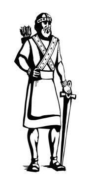 Geçmiş orta doğu üzgün Arap kraliyet kralı David tanrı kahraman zafer kazandı. Kara El beyaz Asyalı Yahudi gururlu bir savaş saldırısı olduğunu düşünüyor. Kılıç savaşı. İran giysisi.