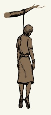 Genç, ölümcül hapis hayatı. Yaşlı, Yahudi, Yahuda, beyaz gökyüzü. Koyu siyah el çizimi. Zalim, mutsuz, insan boynu asılı. Stres, kötü düğüm.