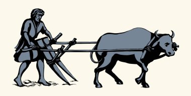 Elle çizilmiş erkek karabao sığır hayvan hayvan çukur kazma işi hasat işçiliği. Tarihi köy öncesi tarlaları kapayın. Ahşap işleme kültürü ikonu. Tarihi simge.