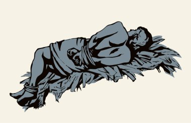 Bakış açısının gerisinde eski stres yetişkin kısıtlı sicim yatar kol. Siyah çizgi, şeytani saldırı, yasadışı satın alma, ticari suçluluk duygusunu engelleme, konsept ikon işareti. Retro beyaz sanat çizgi film tarzı