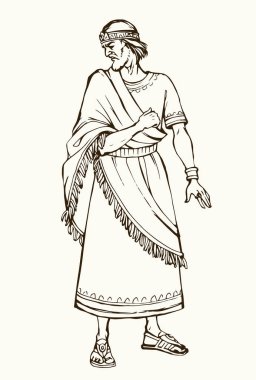 Ortadoğu Sümer 'i geçmiş yaş stresi, Yahudi David altın elbise, Irak erkek kraliyet lordu Saul yargıç gibi görünüyor. El çizimi Suriye İran Darius Xerx insan retro Herod Ahab tanrı hikayesi sanatı korkusu