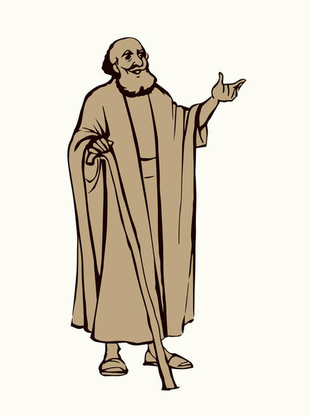 Святой еврей Бог верит мудрый мужчина раввин священник стоять говорить подъем руку предложение история. Ручной черной линии искусства эскиз ретро-возраст Средняя Азия Саудовская Аравия этнические халаты платье трость зрения белое небо текстовое пространство