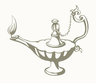 Yakın plan, beyaz masa boşluğunda eski, kilden yapılmış gazyağı kampı şişesi. Siyah mürekkep çizilmiş el, altın kutsal peri efsanesi sihirli alladin rüya, lütfen logo işareti, kutsal çizgi film stili.