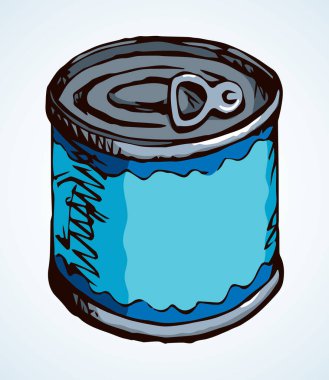 Beyaz mağaza nın arka planında tincan banka kutusu kapağı. Parlak mavi renkli el çizilmiş çelik çubuk lezzetli aşçı pot kavanoz paketi logo pictogram tasarım etiket kağıt metin alanı üzerinde sanat doodle retro tarzı. Yakın çekim