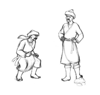 Ciddi, genç, doğulu bir çocuk, tehlikeli bir yetişkinin koluna karşı. Kazanan, savaş, savaş, savaş, savaş, savaş, savaş, kahramanları, gökyüzü. El çizimi 2 şövalye stres sorunu saldırı konsepti geçmişe dönük çizim tarzı sembol