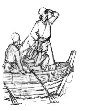 Geçen yüzyıl Norveç savaş tehlikesi kol fırtınası rüzgar dalgası kaşifi savaş gemisi kadırgasına yelken bezi beyaz gökyüzüne saldırdı. Kara çizgi, yelkenli yelkenliyi güverteye çekti Hetman kahraman karikatür çizimi