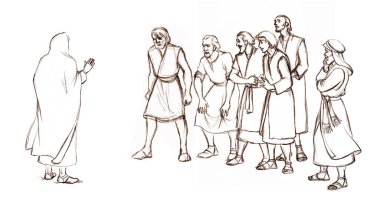 Yetişkin yaştaki Müslüman ağabeyi beyaz gökyüzü görüşüne tapıyor. Eli çizilmiş üzgün yahudi arkadaş etnik adamın vaaz verdiğini görüyor musun? Dua et, gerilim olayı, geçmişe dönük sanat eskizi.