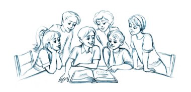 Cute happy joy smile guy baby son sit care rest relax room home. Black pencil line hand drawn man parent fun teen speak class table desk look open old retro faith tale story cartoon art wisdom symbol