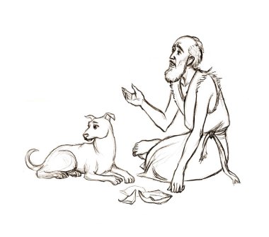 Asian Israel alone jewish Lazar prayer beg help alm. East torn dirt rag robe cloth sad pity mourn lost ill lone male jew hobo seat cry pray God Jesus Christ old retro hand drawn sketch faith story art