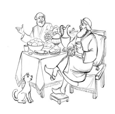 Middle East Asian Arabian old drunk male jew guy group hold cup tasty wine fun merry cheer laugh Islam iftar greet event dog retro home. Hand draw story art sketch happy joy smile talk bake bread dish