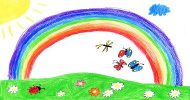 Gök kuşağı şeklinde basit bir tebeşir tebeşirle boyanmış çiftlik bahçesi bahçesi çim ikonu işareti. Düz tezahürat neşesi bahar okulu el kalemi komik ışık güvesi tasarımı fikir çerçevesi çerçeve tasarımcısı desen tasarımı