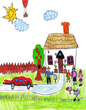 Neşelen, sevimli, küçük insan gülüşü anne ayakta oyuncak oyunu beyaz gökyüzü oynuyor. Renkli kalem boyası eğlence sanatçısı stili anne çimlerin keyfini çıkar park parkı çitlerin çatısı güneş ışığı şehrin eski okul rüyası