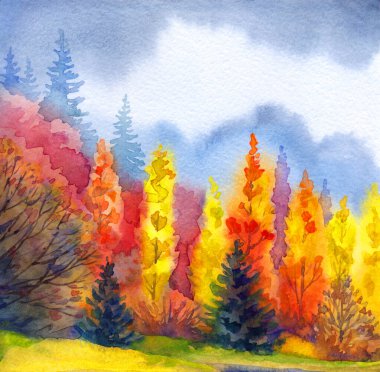 Kağıt desenli arkaplana elle çizilmiş suluboya resim. Taiga nemli sis günü manzaralı bulutlu manzara üzerine metin uzayı. Parlak kırmızı turuncu renk yabani çimen bitkisi kara akrilik Rusya manzarası