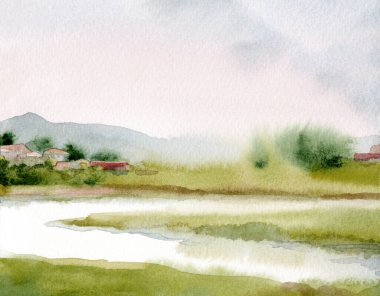 El çizimi sanat eseri, güneşli cennet sahnesi metin arkaplanı çizimi. Hafif sakin eski Avrupa seyahat tepe tepe bataklık dere koyu yeşil çimen çalı köknar bitki sis sis soyut manzara