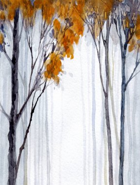 Elle çizilmiş ressam suluboya, sisli kağıt, metin arkaplanı. Siyah renk boya, buzlu kırmızı fırça tarzı sisli kırsal çalılık manzaralı. Sakin eski dal soluk avlu çizim sahne