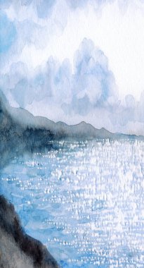 Elle çizilmiş akvaryum boyası sakin, serin, taze bahar ışıltısı gölet dağı ufku sahnesi. Kağıt kart metin alanı arka plan eski tarz tasarımı. Mavi renk yağmur, cennet, vahşi vadi, tatil manzarası.