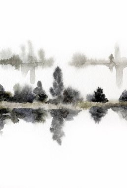 El çizimi suluboya resim çizimi kağıt metin alanı. Kırsal sakin çalı çalısı, çalı tarlası, dere yatağı, sel, yağmur manzarası. Serin bahar sisli sonbahar kumsal eski sanat eserleri sahnesi