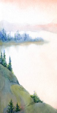 Açık kağıda elle çizilmiş suluboya resim. Yazı uzayı. Taze taiga tarlası çalılığı. Çalı bitkisi, kayalık arazi. Sessiz bulutlu sonbahar hayatı eski Alp Slope Park sanat eserleri sahnesi. Pond Creek Körfezi manzaralı