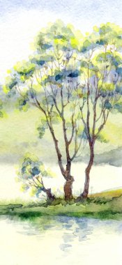 Parlak el çizimi suluboya ressamı temiz hava batımı sahnesi çiziyor. Kağıt arkaplan metin alanı. Açık yeşil renkli boya sanat eseri çalılık vadi çimenliği sakin bir günde dere kıyısı manzarası