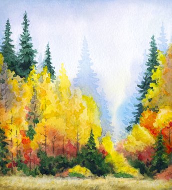 Kağıt desenli arkaplana elle çizilmiş suluboya resim. Taiga nemli sis günü manzaralı bulutlu manzara üzerine metin uzayı. Parlak kırmızı turuncu renk yabani çimen bitkisi kara akrilik Rusya manzarası