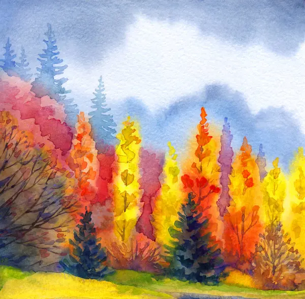 Kağıt desenli arkaplana elle çizilmiş suluboya resim. Taiga nemli sis günü manzaralı bulutlu manzara üzerine metin uzayı. Parlak kırmızı turuncu renk yabani çimen bitkisi kara akrilik Rusya manzarası