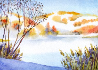 Parlak el, suluboya taze sonbahar bahçesi bulutu serin bahar günü sahne arkası kâğıdı açık renk boya sanat eserleri. Çalı çırpı vadisi kırsal sakin, nemli, buzlu, yeni yıl dere kıyısı manzaralı.