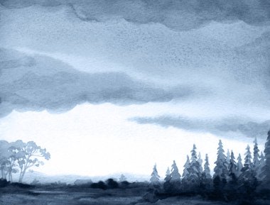 El çizimi parlak beyaz boya kağıt ev vadisi cennet arkaplanı metin alanı. Karanlık, sisli, dumanlı, yağmurlu, havadar, manzaralı, çimenli, çimenli, çimenli yol manzaralı, soyut bir manzara.