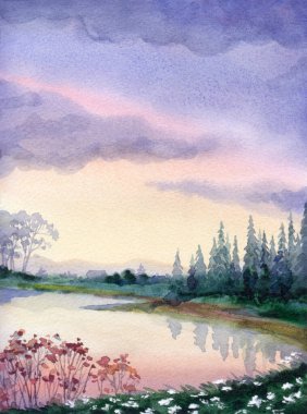 El çizimi parlak açık pembe boya kağıt vadi alacakaranlık cennet arka plan metin alanı. Karanlık, sisli, yağmur dumanı, deniz kıyısı manzaralı çalı çalı çalı, çalı ağacı, dere yolu, yol manzarası.