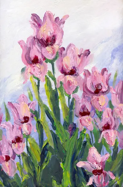 Şirin, gür, kır yaprağı, nilüfer çiçeği manzaralı el, pastel rengi, leylak rengi, aşk bitkisi, hayat dolu kart tarzı. Kırsal büyüme büyük açık kırmızı lale tomurcuğu vazosu mavi gökyüzü beyaz kağıt bulutu