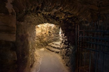 Korkunç eski soğuk demir ızgara tuğla tuğla açık kapaklı hücre girişi. Hüzünlü korku gölgesi özgürlük paslansın İncil 'deki mezar koridoru İncil' deki tutuklama kavramı sembolü aydınlık metin alanı