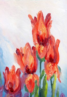 Şirin, gür, kır yaprağı, nilüfer çiçeği manzaralı el, pastel rengi, leylak rengi, aşk bitkisi, hayat dolu kart tarzı. Kırsal büyüme büyük açık kırmızı lale tomurcuğu vazosu mavi gökyüzü beyaz kağıt bulutu