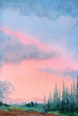 El çizimi parlak açık pembe renkli kağıt ev vadisi cennet arkaplan metni alanı. Karanlık, sisli, dumanlı, yağmurlu, havadar, manzaralı, çimenli, çimenli, çimenli yol manzaralı, soyut bir manzara.