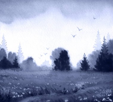 El çizimi açık kırmızı boyalı kuş resmi çizimi vadi çim biçme sahnesi sahne kağıdı metin arkaplanı. Pembe renk, sisli bozkır, sis dumanı, çalılar, çalı ağaçları manzaralı yollar.