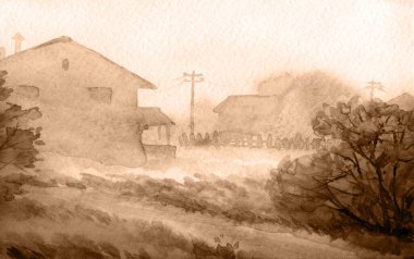 El çizimi, açık kırmızı boya, sisli bahar yağmuru, kırsal çim biçme, orman manzarası. Sakin alacakaranlık sisi dökülüyor yabani odun çalıları bitki dalları eski şehir eski şehir villa barakası manzarası manzarası