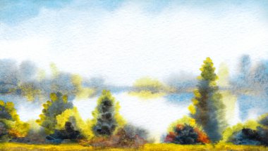 El çizimi suluboya resim çizimi kağıt metin alanı. Kırsal sakin çalı çalısı, çalı tarlası, dere yatağı, sel, yağmur manzarası. Serin bahar sisli sonbahar kumsal eski sanat eserleri sahnesi