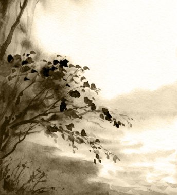 El çizimi parlak kırmızı resim sessiz bulut olay yeri çizimi kağıt perde arkası metin alanı. Hafif kırsal sisli bataklık bataklık bataklık dere körfezi kaya kıyısı yaşlı ağaç bahçesi yaprağı sakin alacakaranlık manzarası