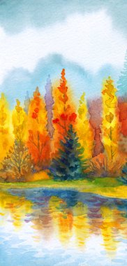 Canlı bir el çizimi akvaryum taze çimen güzellik sahnesi kağıt metin arkaplanı. Parlak kırmızı turuncu renkli boya çalılık sakin, serin hava günü. Manzaralı dere körfezi sahili kırsal arazi manzarası